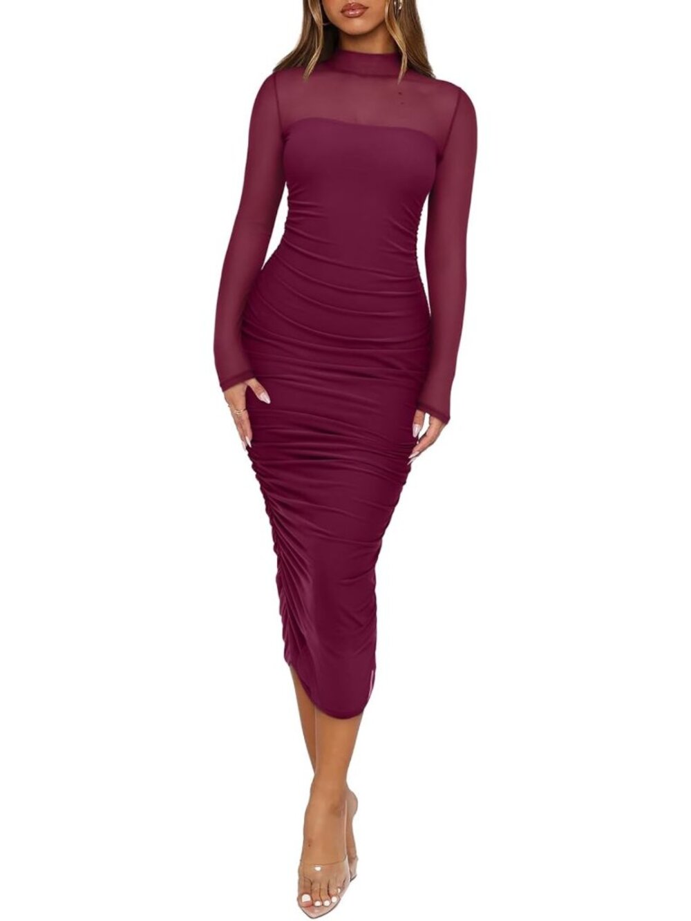 Elegant Women's Fall Midi Dress - Sheer Long Sleeve, Ruched Bodycon, Mock Neck
